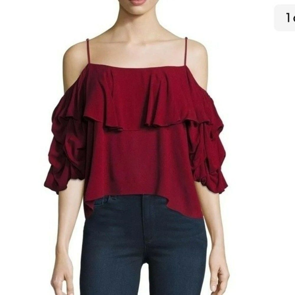 MISA Los Angeles Womens Size XS Simone Cold Shoulder Ruffle Blouse in Burgundy